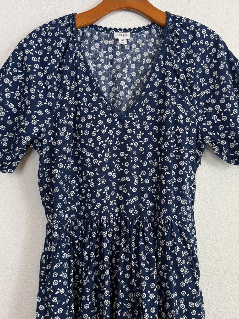 J.Crew Printed Lace Trim Mid Dress Navy Blue White Floral Cotton Sz 10